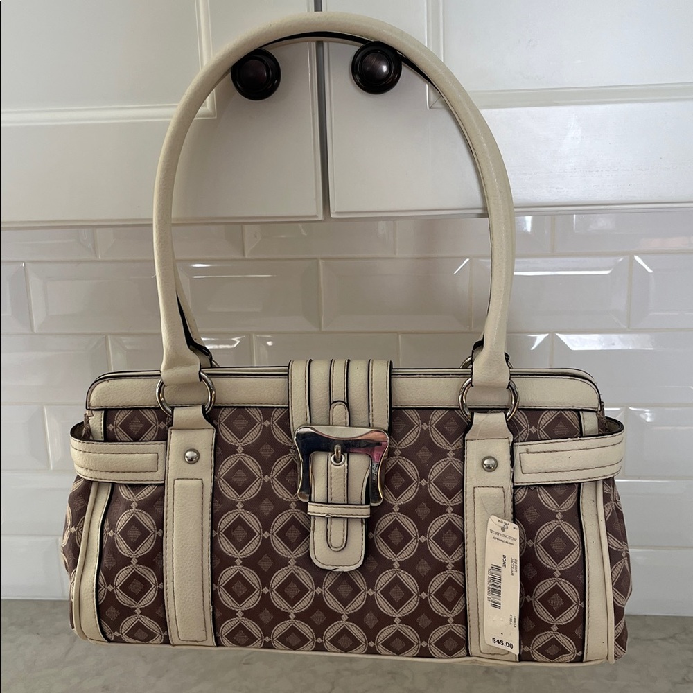 Worthington Shoulder Bag new old stock Bone leather with  canvas geometric 2008